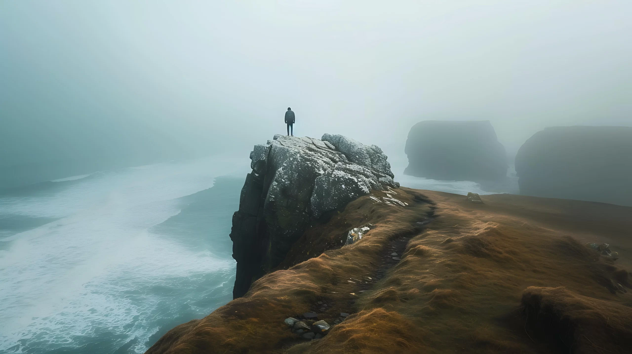 A solitary person standing on a rocky cliff, surrounded by mist and overlooking crashing ocean waves, evoking a sense of isolation and contemplation in a dramatic coastal landscape