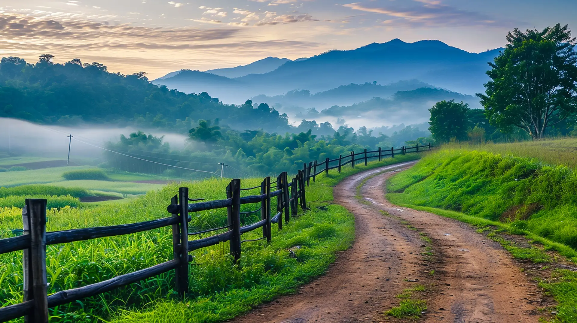 Scenic view of a winding dirt road surrounded by green meadows, wooden fences, and misty hills in the background during sunrise