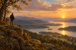 man with cane standing on mountain overlooking a grove of trees and sunset