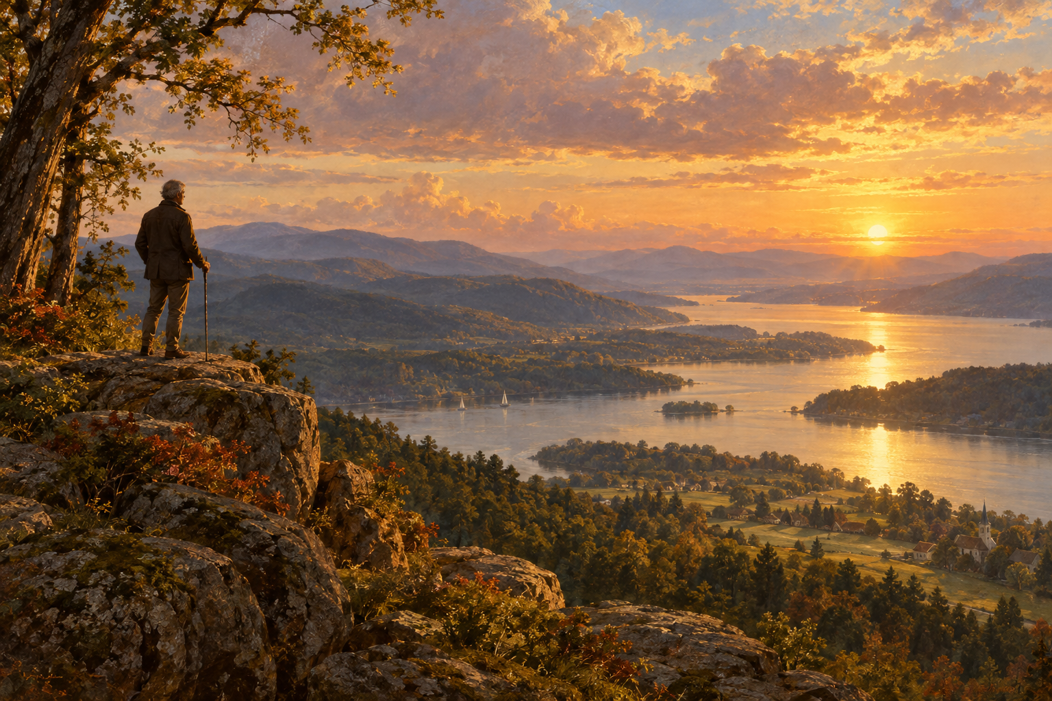 man with cane standing on mountain overlooking a grove of trees and sunset